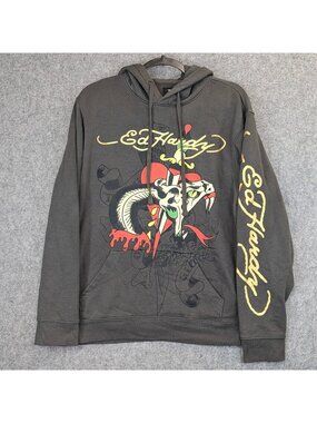 Ed Hardy Mens Medium Hoodie Gray Snake Skull Graphic Pullover Hooded Sweatshirt